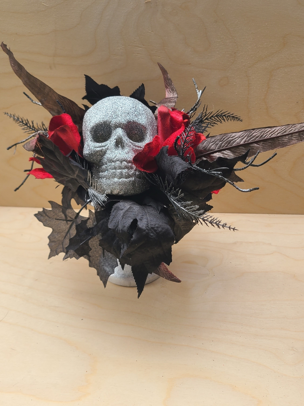Decorative Glitter Skull Bouquet - Black and Red Table Decor
